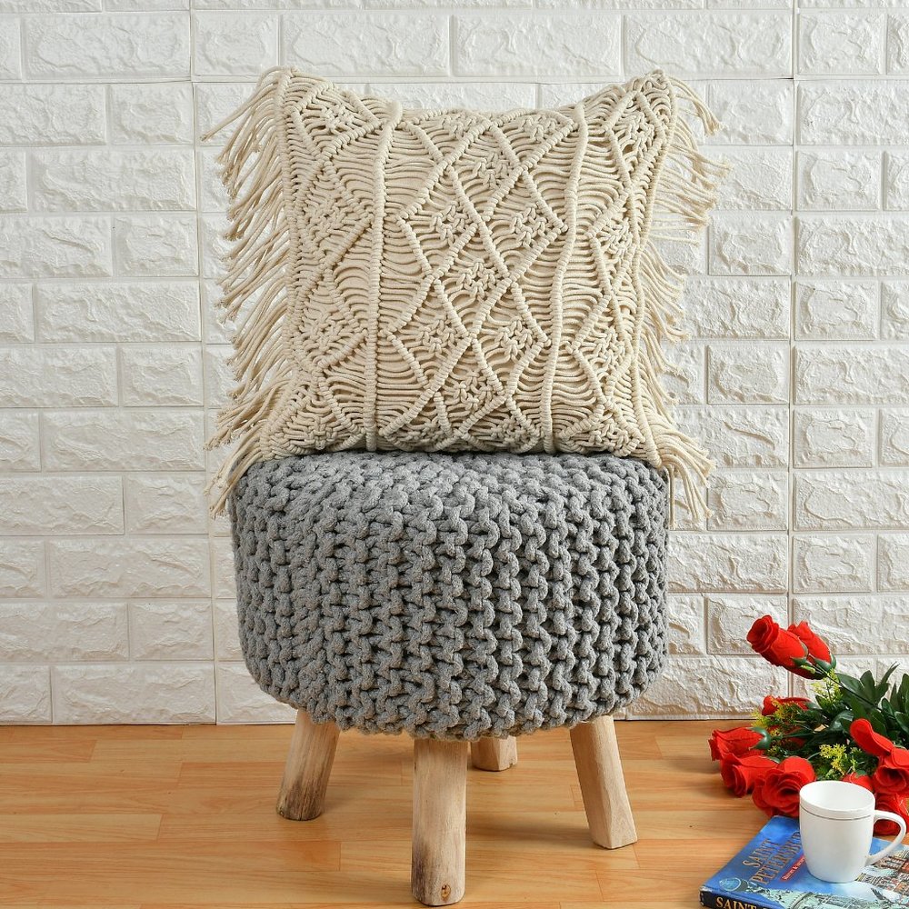 Macrame Cushion Cover, diamonds, 3 sections, fringes, 16x16 inches - Picture 1 of 5